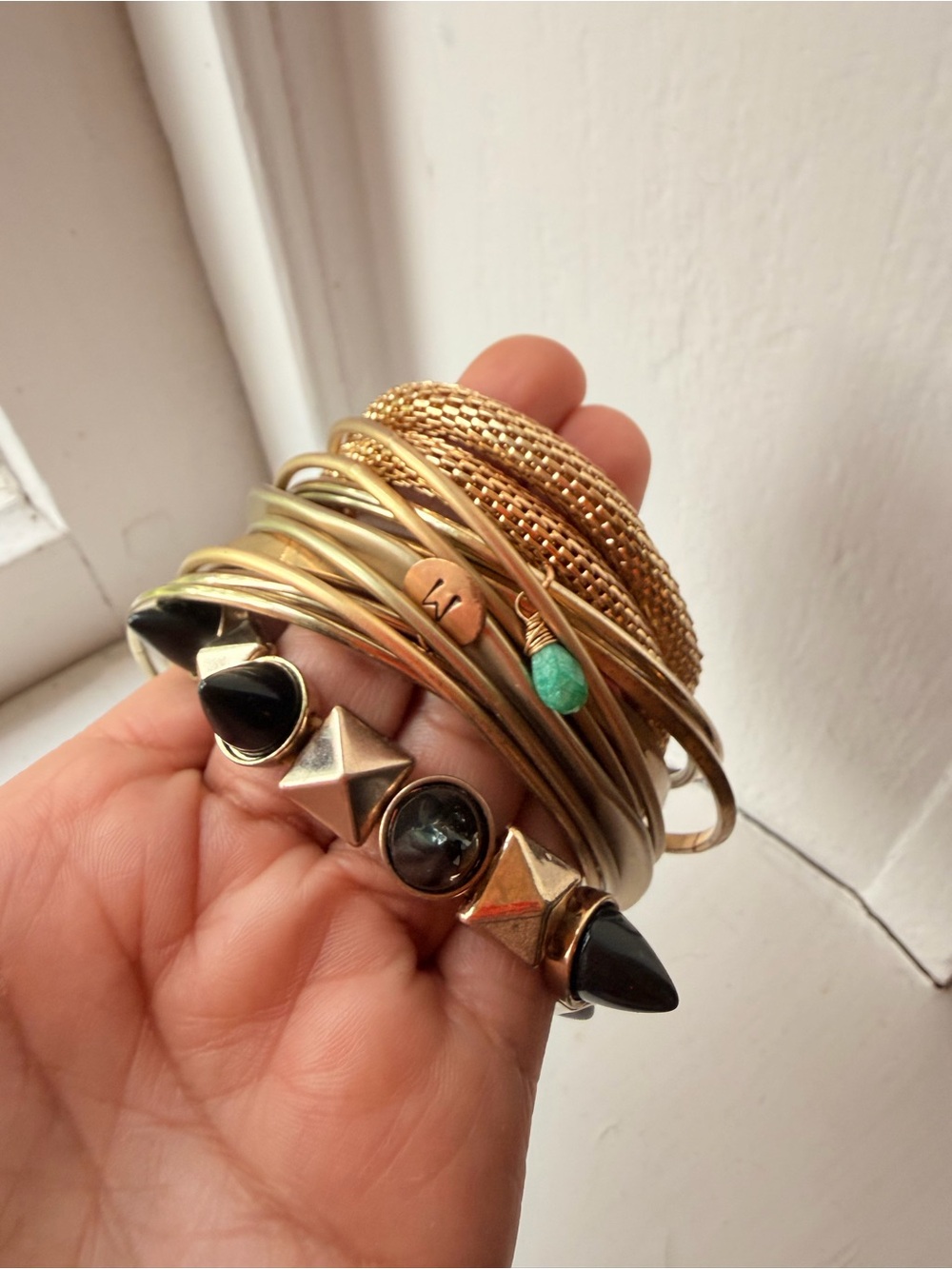 Vintage Gold-Tone Mixed Bangle Bracelet Set with Black and Teal Accents